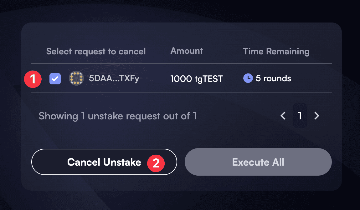 Unstake Requests Table: Cancel Unstake